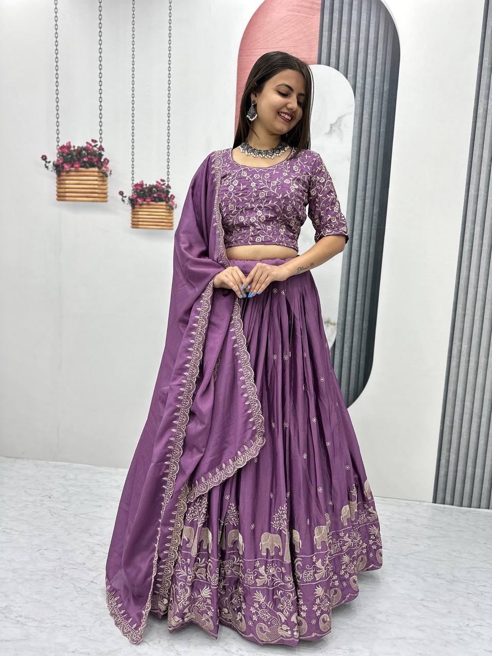 Beautiful Chinon Silk Embroidery Thread Work Ready to Wear Lehenga Choli
