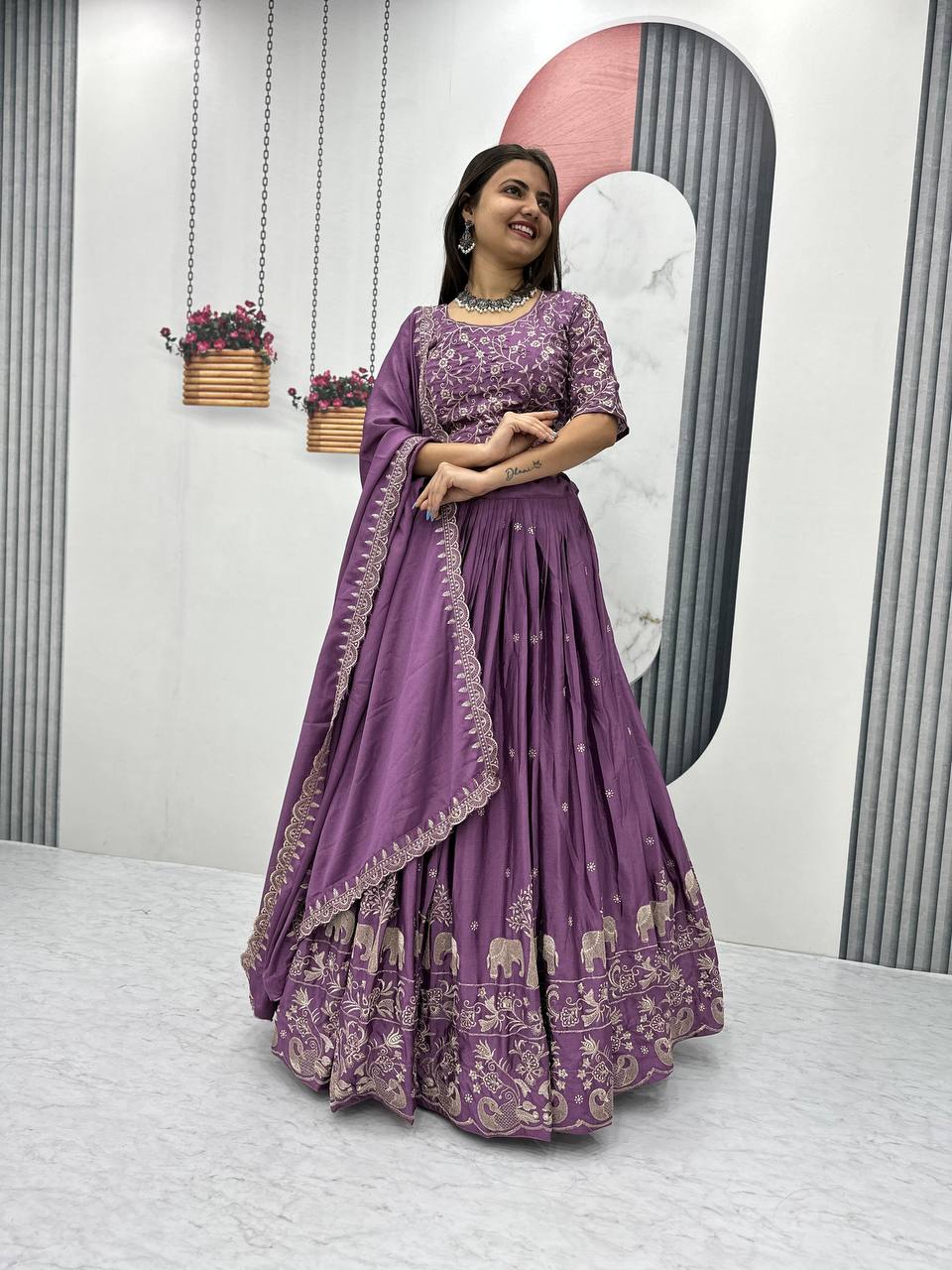 Beautiful Chinon Silk Embroidery Thread Work Ready to Wear Lehenga Choli
