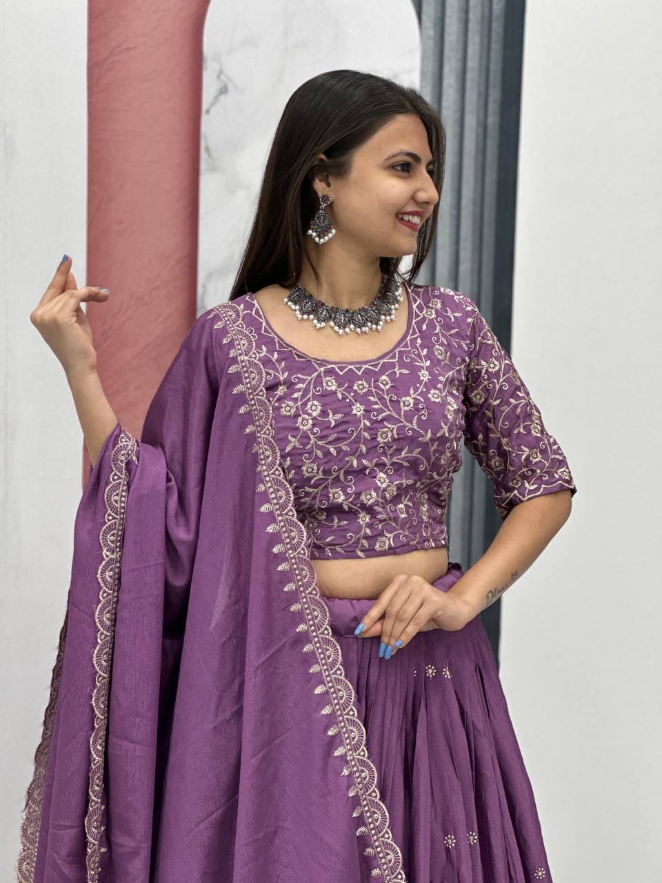 Beautiful Chinon Silk Embroidery Thread Work Ready to Wear Lehenga Choli
