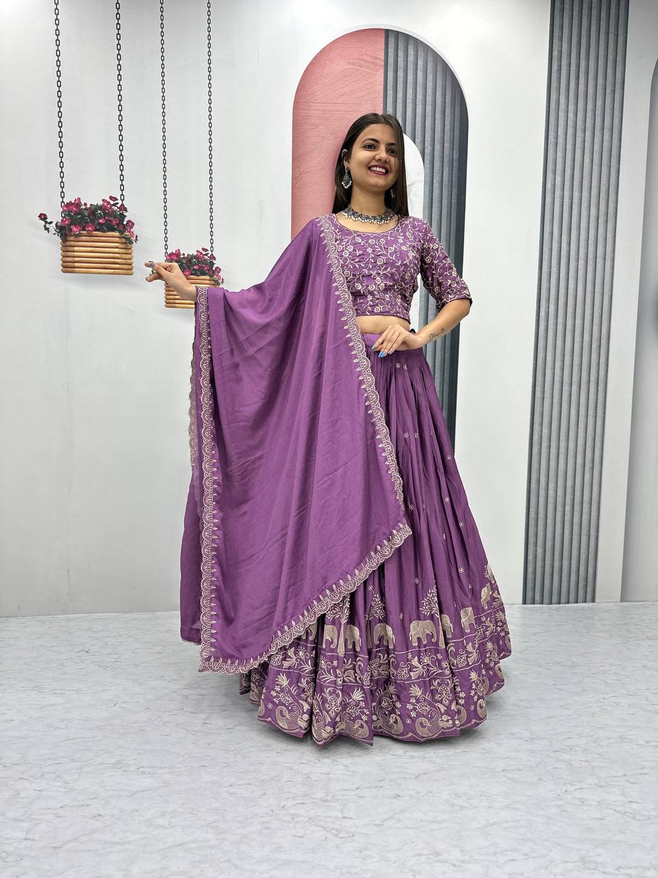 Beautiful Chinon Silk Embroidery Thread Work Ready to Wear Lehenga Choli

