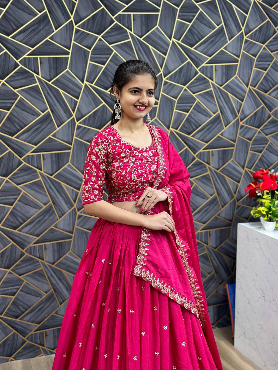 Beautiful Chinon Silk Embroidery Thread Work Ready to Wear Lehenga Choli

