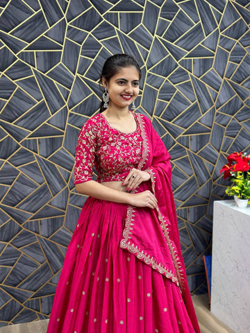 Beautiful Chinon Silk Embroidery Thread Work Ready to Wear Lehenga Choli
