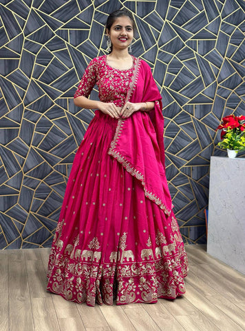 Beautiful Chinon Silk Embroidery Thread Work Ready to Wear Lehenga Choli
