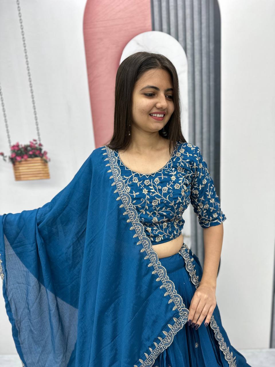 Beautiful Chinon Silk Embroidery Thread Work Ready to Wear Lehenga Choli
