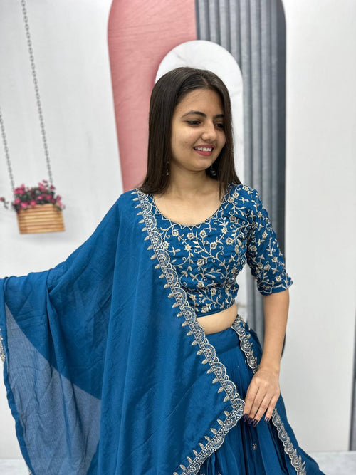 Beautiful Chinon Silk Embroidery Thread Work Ready to Wear Lehenga Choli
