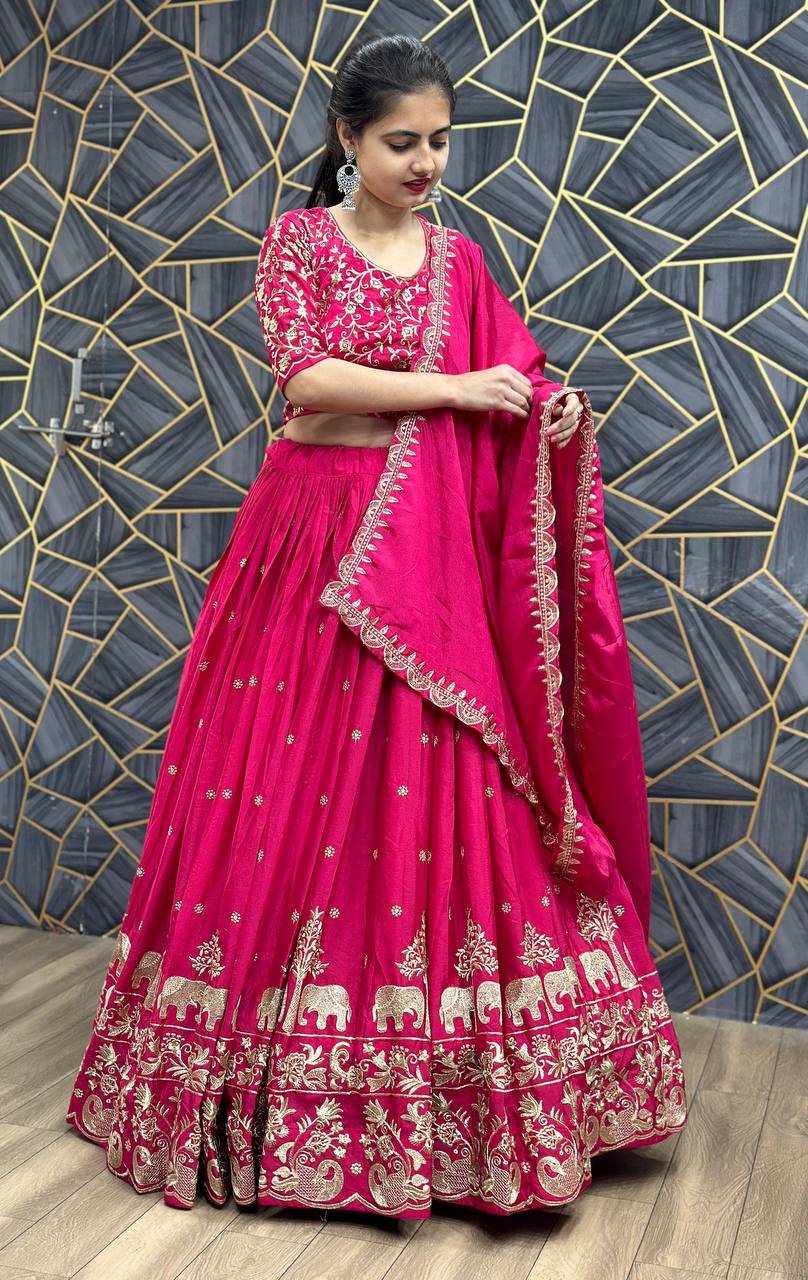Beautiful Chinon Silk Embroidery Thread Work Ready to Wear Lehenga Choli
