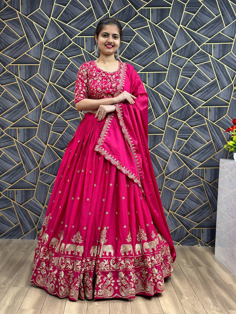 Beautiful Chinon Silk Embroidery Thread Work Ready to Wear Lehenga Choli
