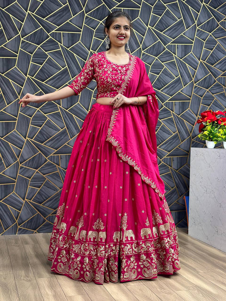 Beautiful Chinon Silk Embroidery Thread Work Ready to Wear Lehenga Choli
