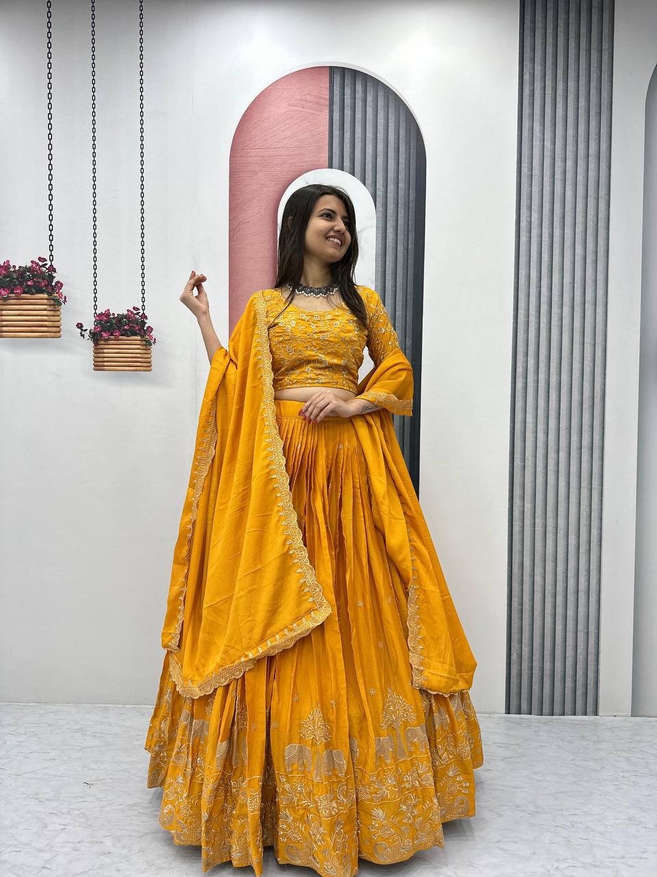 Beautiful Chinon Silk Embroidery Thread Work Ready to Wear Lehenga Choli
