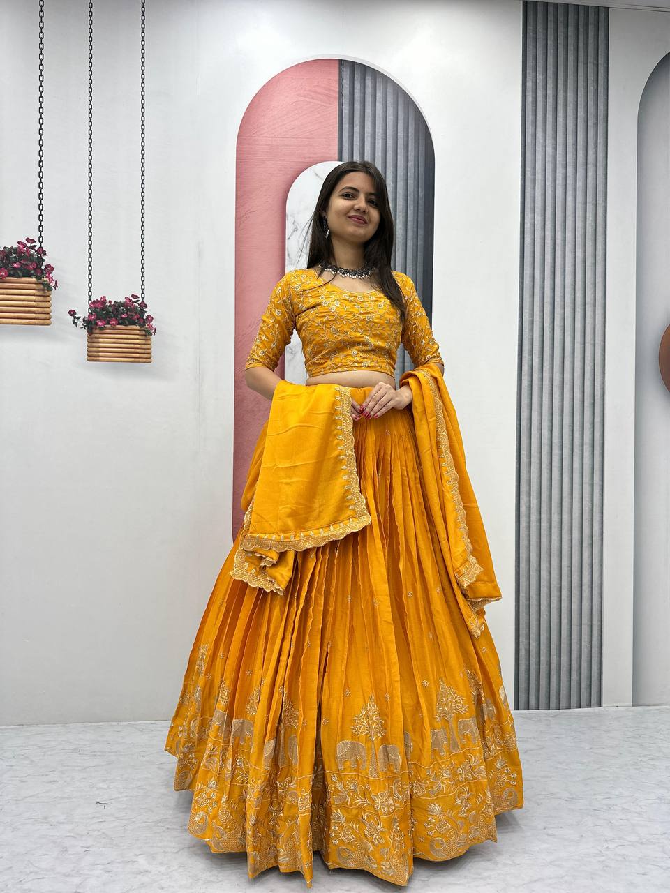 Beautiful Chinon Silk Embroidery Thread Work Ready to Wear Lehenga Choli
