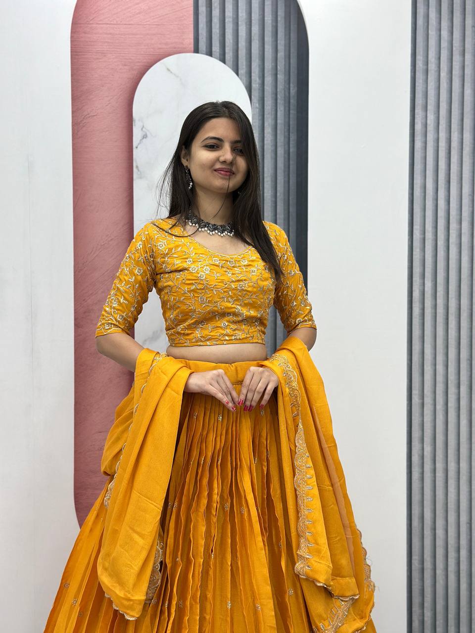 Beautiful Chinon Silk Embroidery Thread Work Ready to Wear Lehenga Choli
