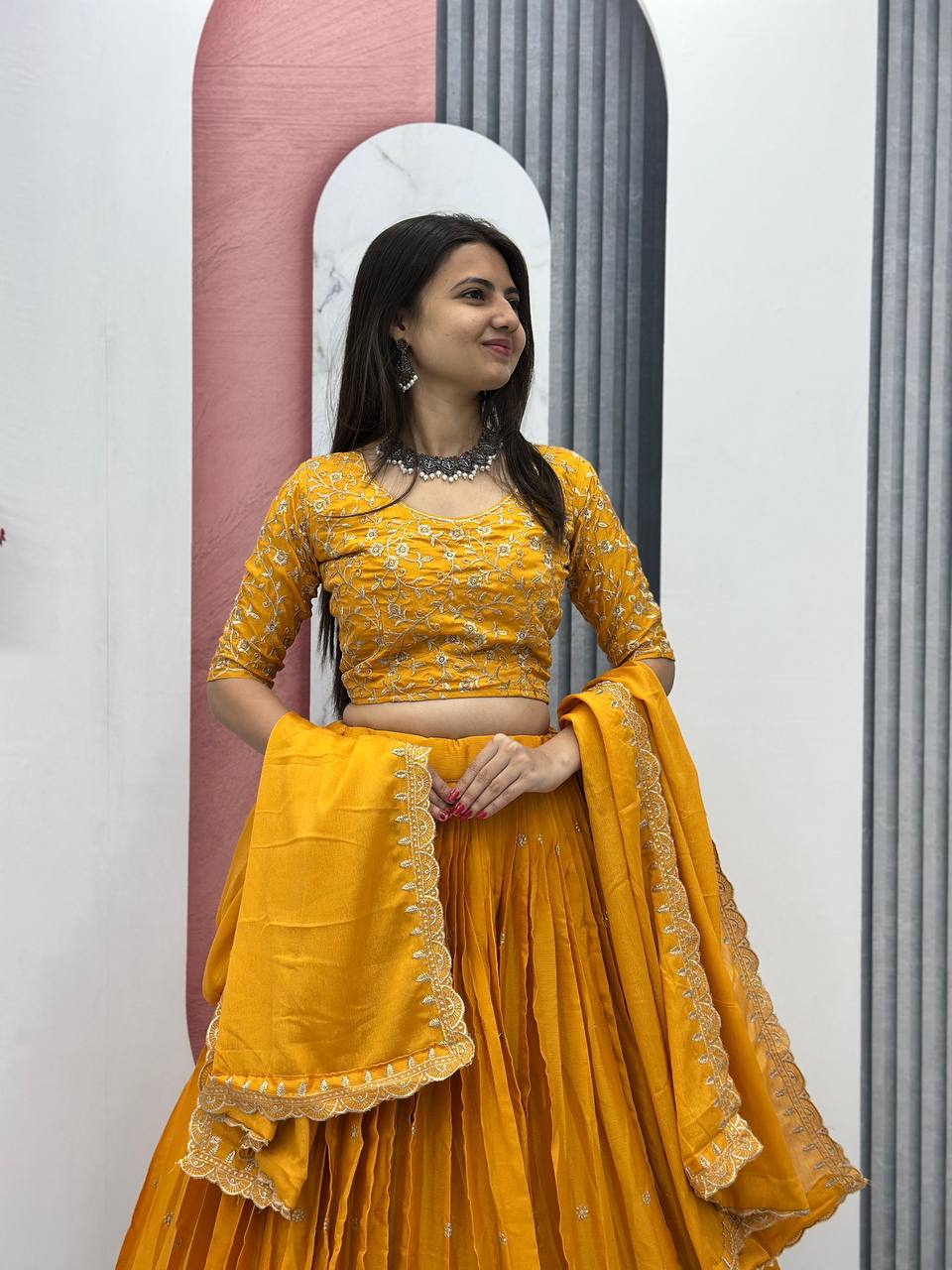 Beautiful Chinon Silk Embroidery Thread Work Ready to Wear Lehenga Choli
