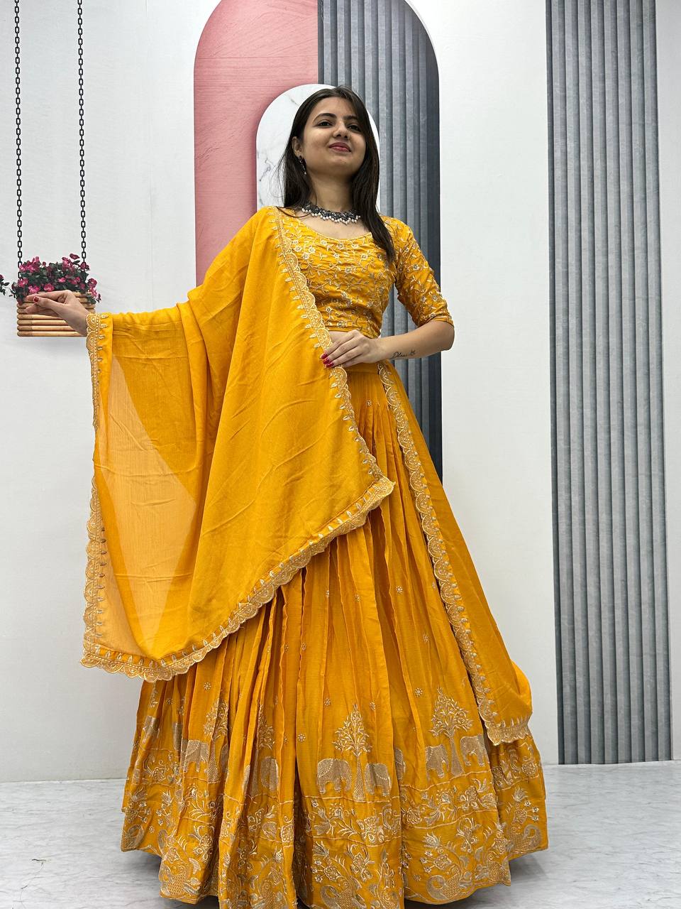 Beautiful Chinon Silk Embroidery Thread Work Ready to Wear Lehenga Choli
