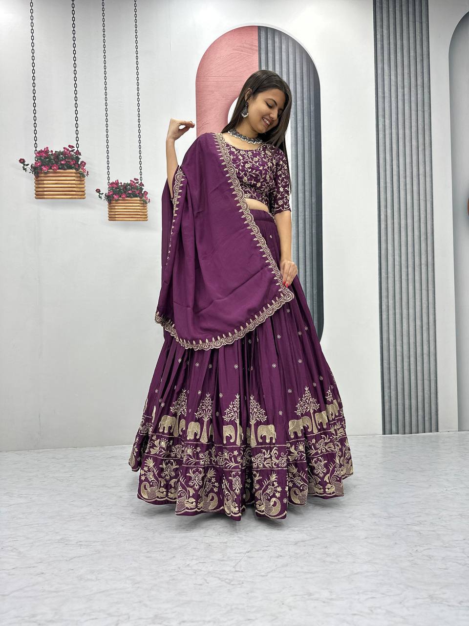 Beautiful Chinon Silk Embroidery Thread Work Ready to Wear Lehenga Choli
