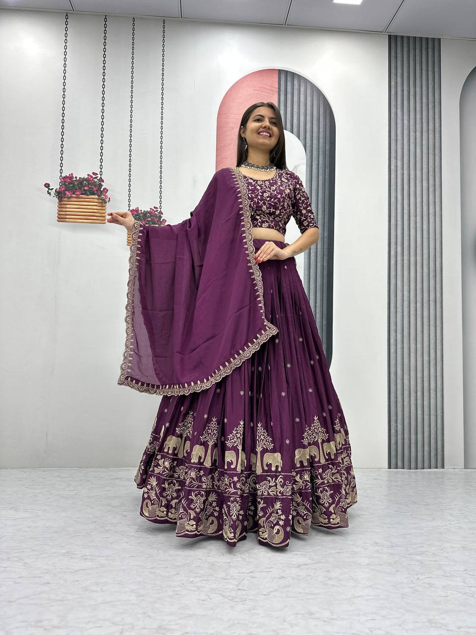 Beautiful Chinon Silk Embroidery Thread Work Ready to Wear Lehenga Choli
