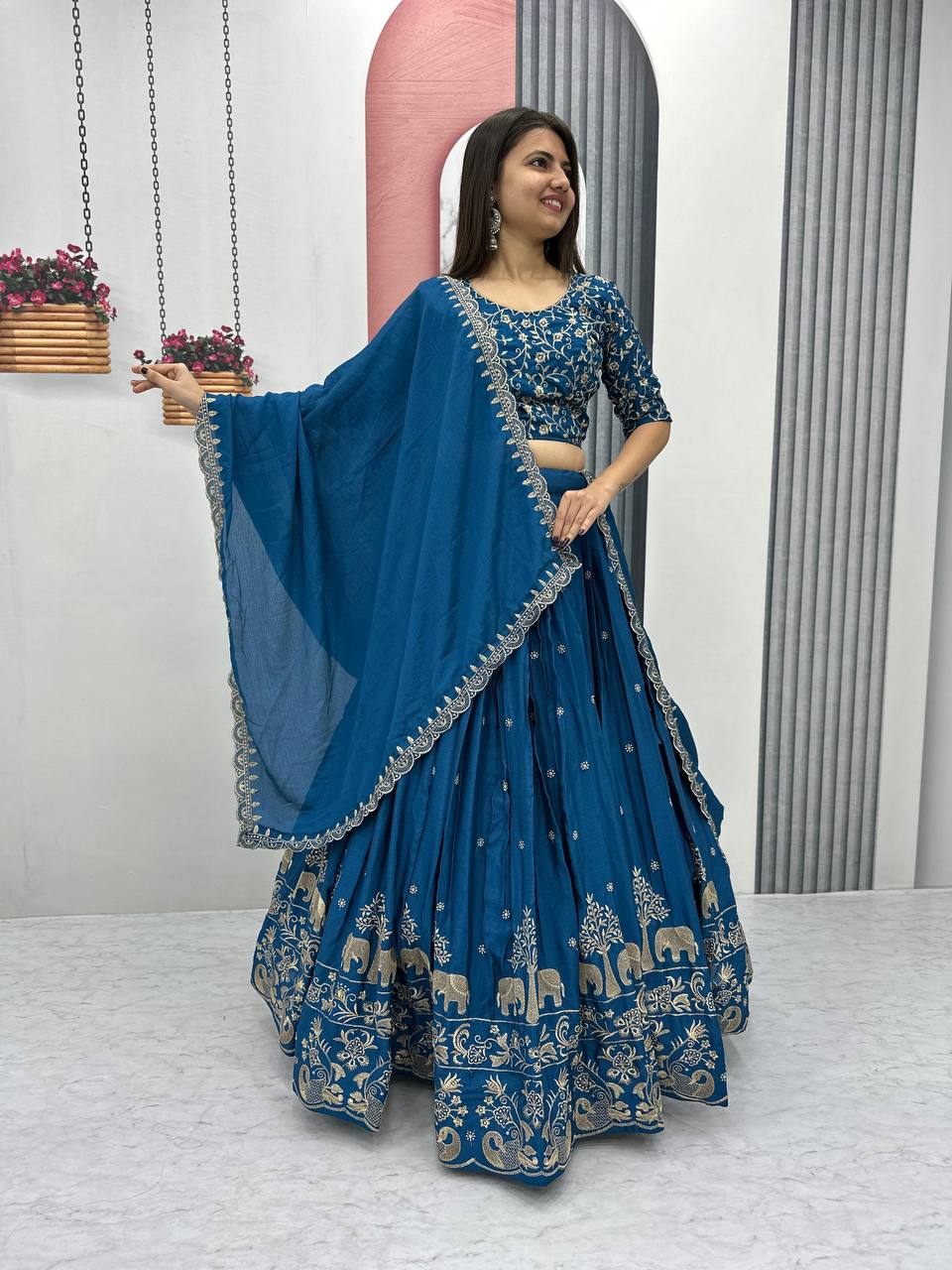 Beautiful Chinon Silk Embroidery Thread Work Ready to Wear Lehenga Choli
