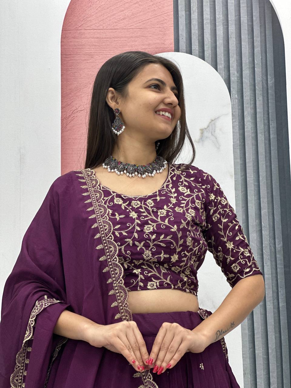 Beautiful Chinon Silk Embroidery Thread Work Ready to Wear Lehenga Choli
