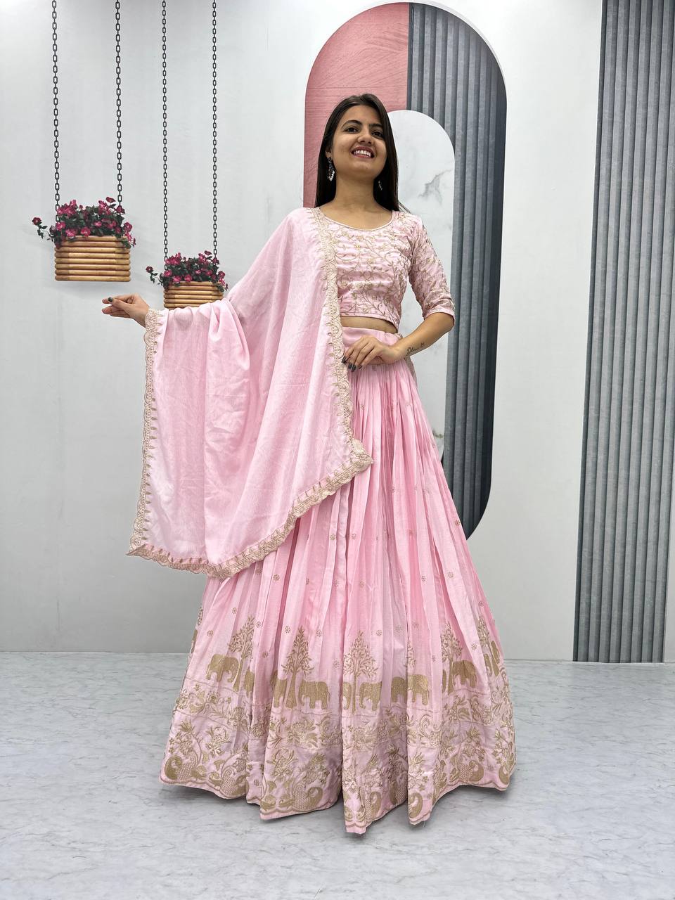 Beautiful Chinon Silk Embroidery Thread Work Ready to Wear Lehenga Choli
