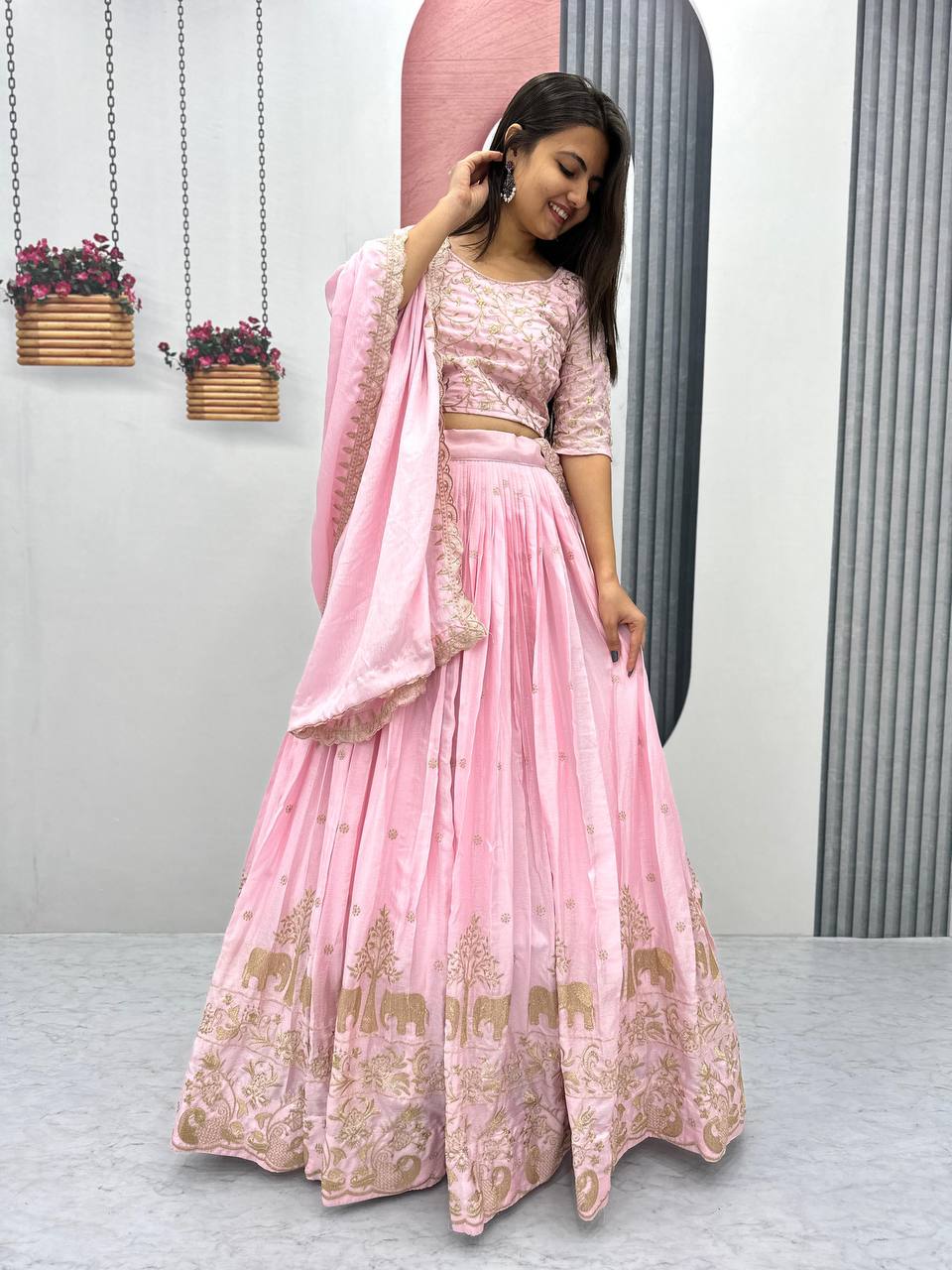 Beautiful Chinon Silk Embroidery Thread Work Ready to Wear Lehenga Choli
