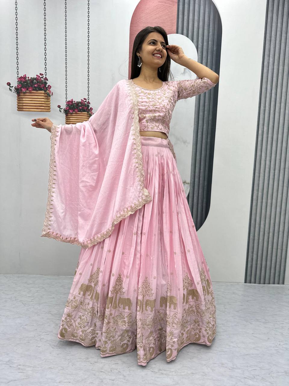 Beautiful Chinon Silk Embroidery Thread Work Ready to Wear Lehenga Choli
