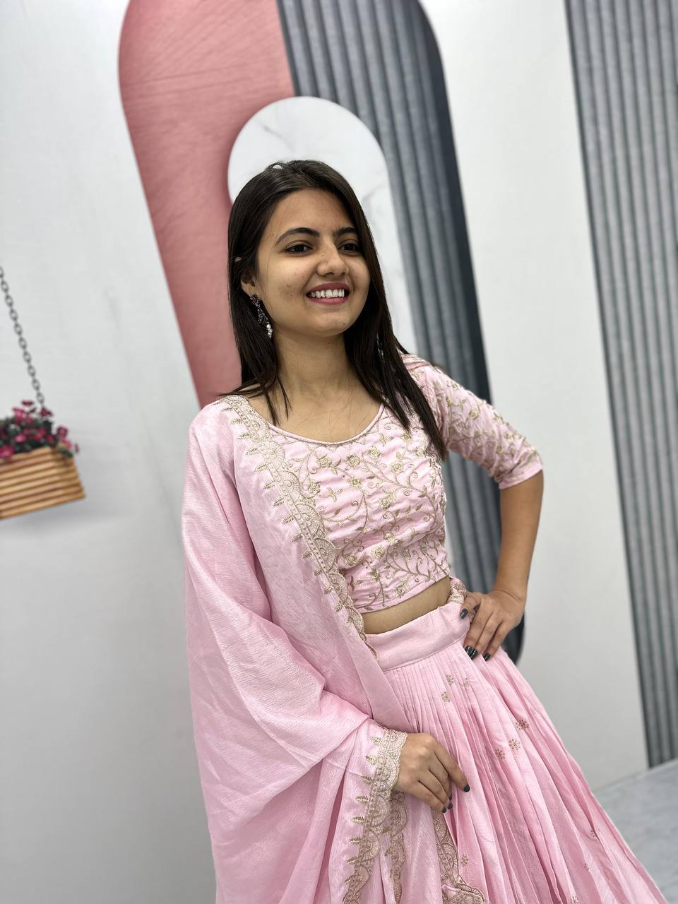 Beautiful Chinon Silk Embroidery Thread Work Ready to Wear Lehenga Choli
