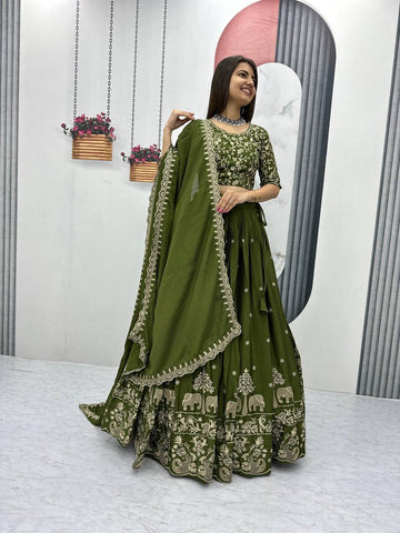 Beautiful Chinon Silk Embroidery Thread Work Ready to Wear Lehenga Choli
