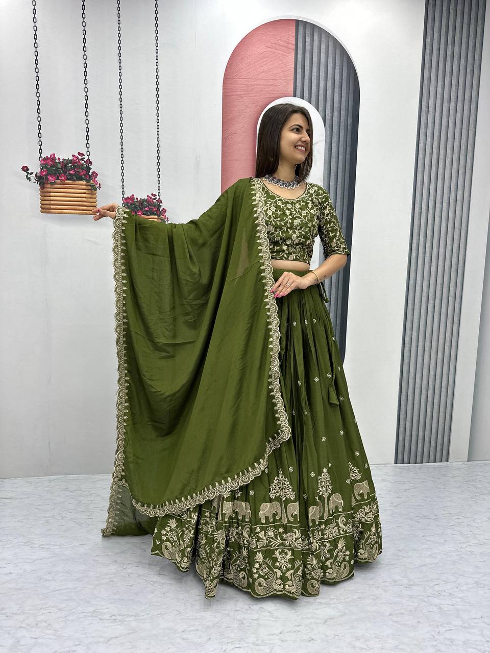 Beautiful Chinon Silk Embroidery Thread Work Ready to Wear Lehenga Choli
