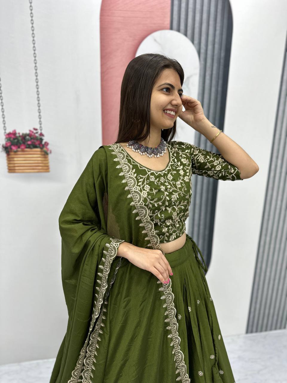 Beautiful Chinon Silk Embroidery Thread Work Ready to Wear Lehenga Choli
