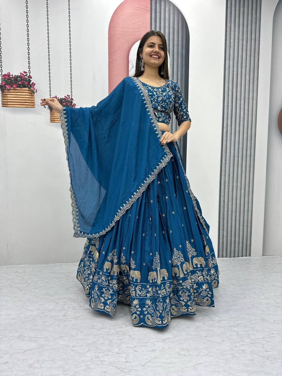 Beautiful Chinon Silk Embroidery Thread Work Ready to Wear Lehenga Choli
