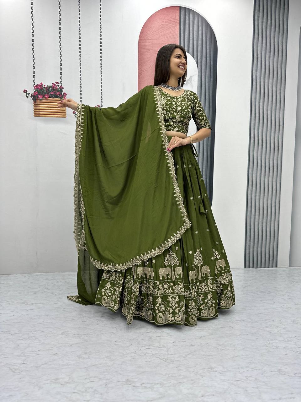 Beautiful Chinon Silk Embroidery Thread Work Ready to Wear Lehenga Choli
