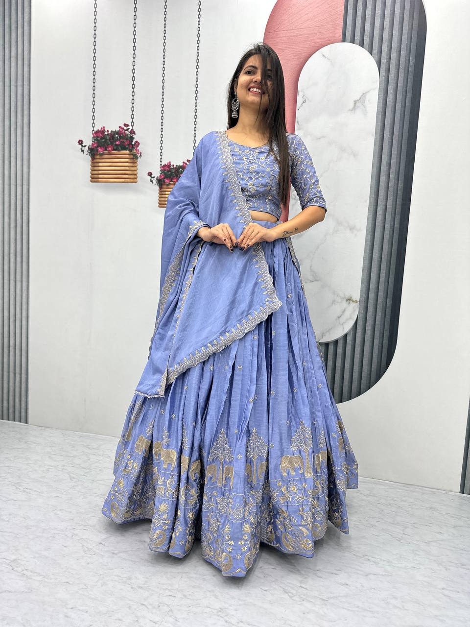 Beautiful Chinon Silk Embroidery Thread Work Ready to Wear Lehenga Choli
