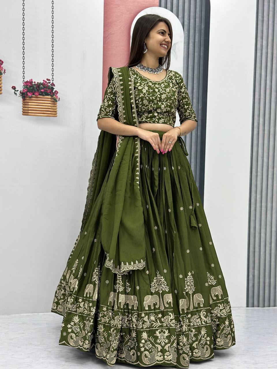 Beautiful Chinon Silk Embroidery Thread Work Ready to Wear Lehenga Choli
