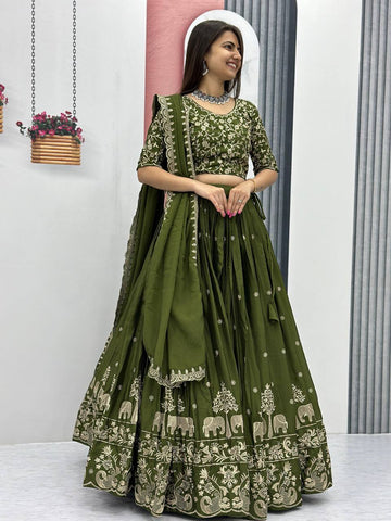 Beautiful Chinon Silk Embroidery Thread Work Ready to Wear Lehenga Choli
