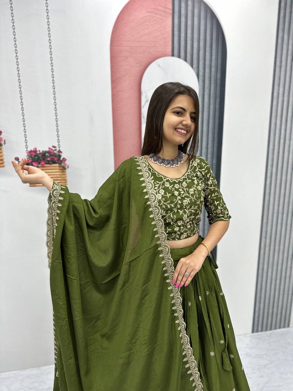 Beautiful Chinon Silk Embroidery Thread Work Ready to Wear Lehenga Choli
