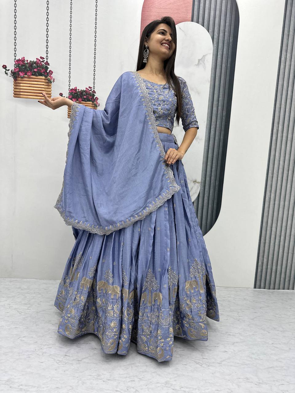 Beautiful Chinon Silk Embroidery Thread Work Ready to Wear Lehenga Choli
