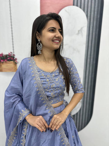 Beautiful Chinon Silk Embroidery Thread Work Ready to Wear Lehenga Choli
