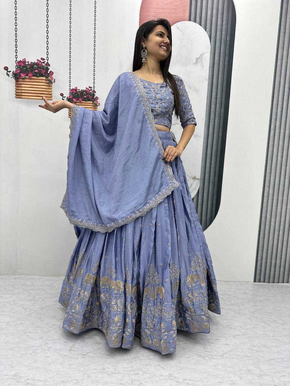 Beautiful Chinon Silk Embroidery Thread Work Ready to Wear Lehenga Choli
