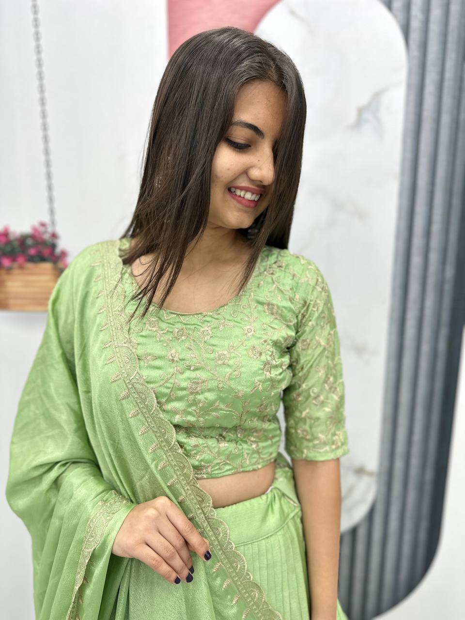 Beautiful Chinon Silk Embroidery Thread Work Ready to Wear Lehenga Choli
