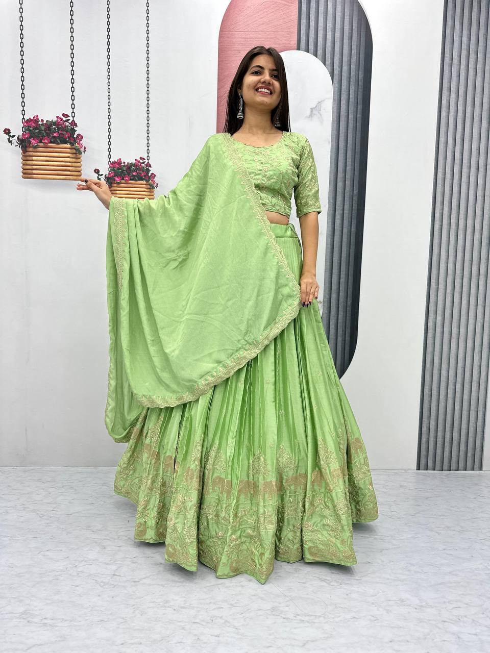 Beautiful Chinon Silk Embroidery Thread Work Ready to Wear Lehenga Choli
