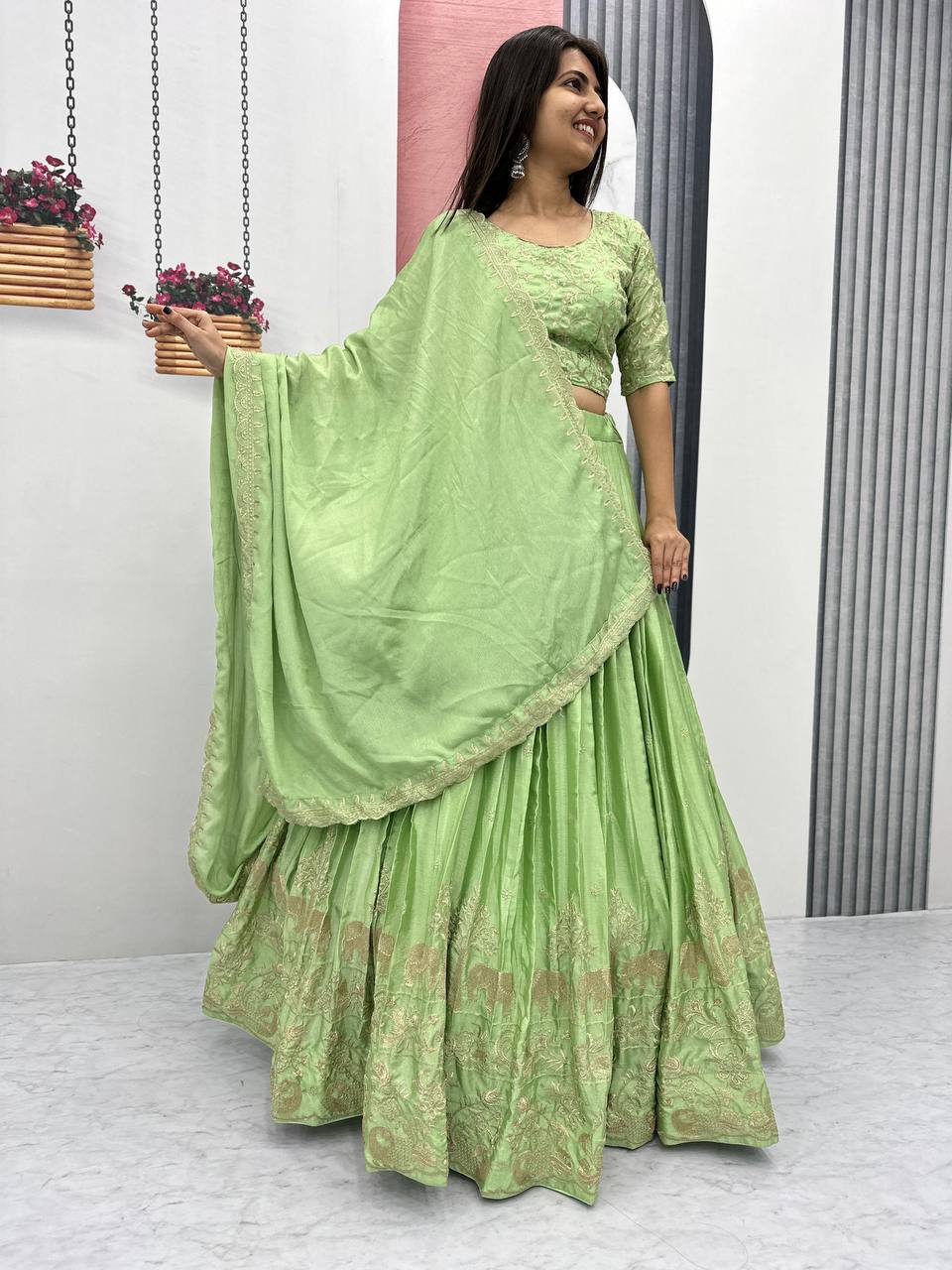 Beautiful Chinon Silk Embroidery Thread Work Ready to Wear Lehenga Choli

