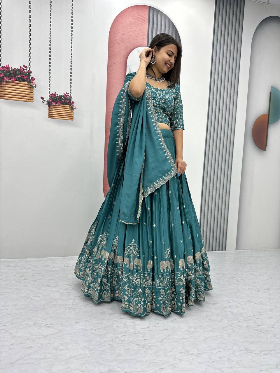 Beautiful Chinon Silk Embroidery Thread Work Ready to Wear Lehenga Choli

