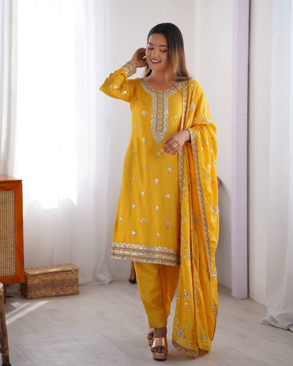 
Premium Chinon Silk with thread & Sequence Work Fancy Suit Set
