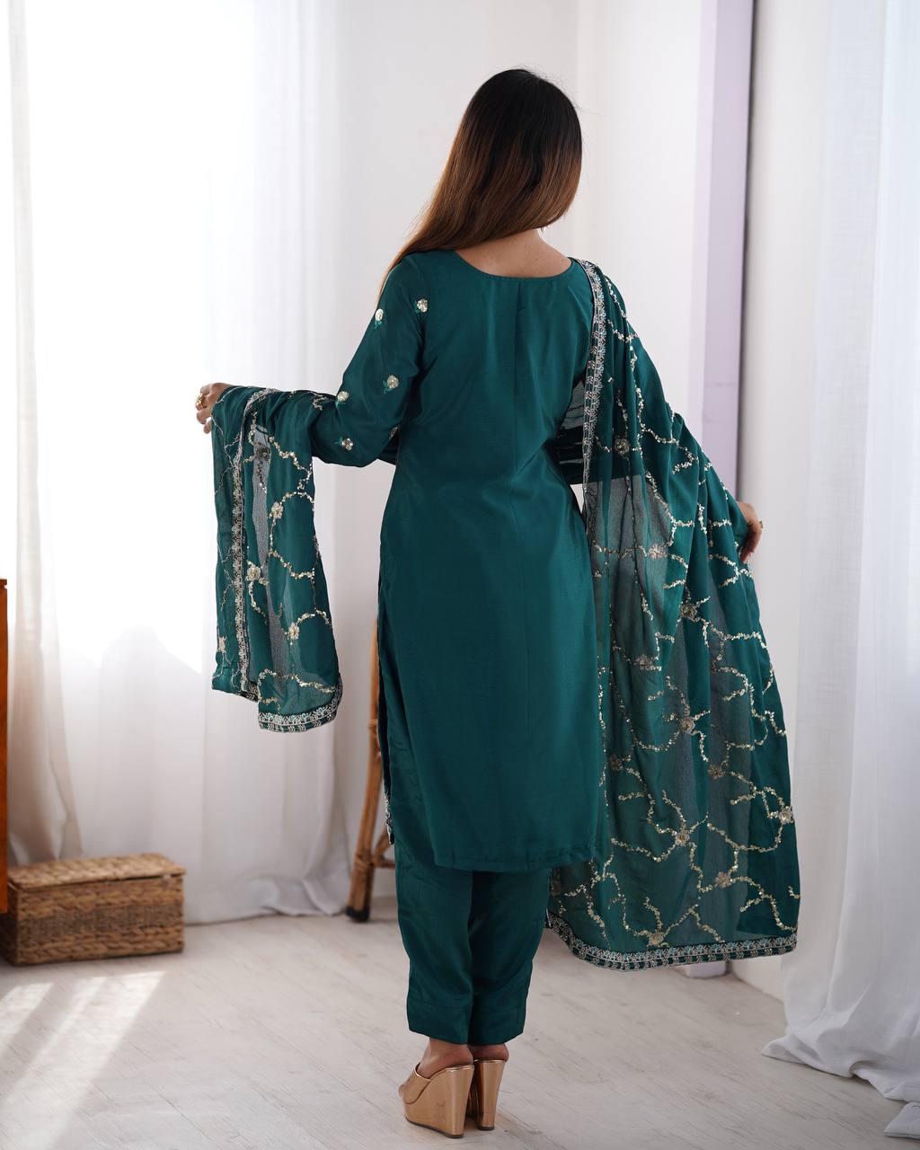 Premium Chinon Silk with thread & Sequence Work Fancy Suit Set
