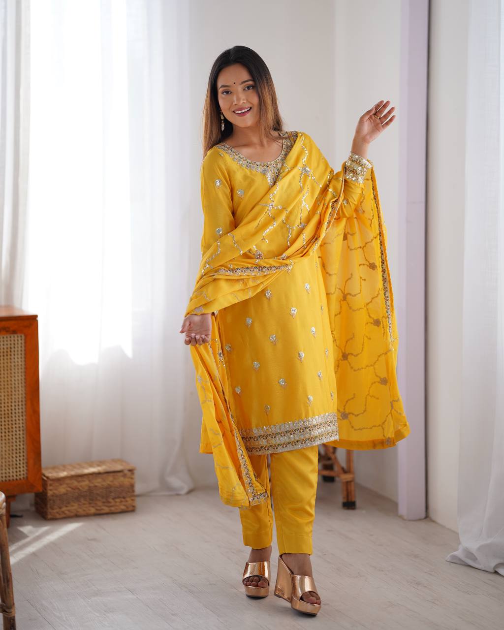 
Premium Chinon Silk with thread & Sequence Work Fancy Suit Set
