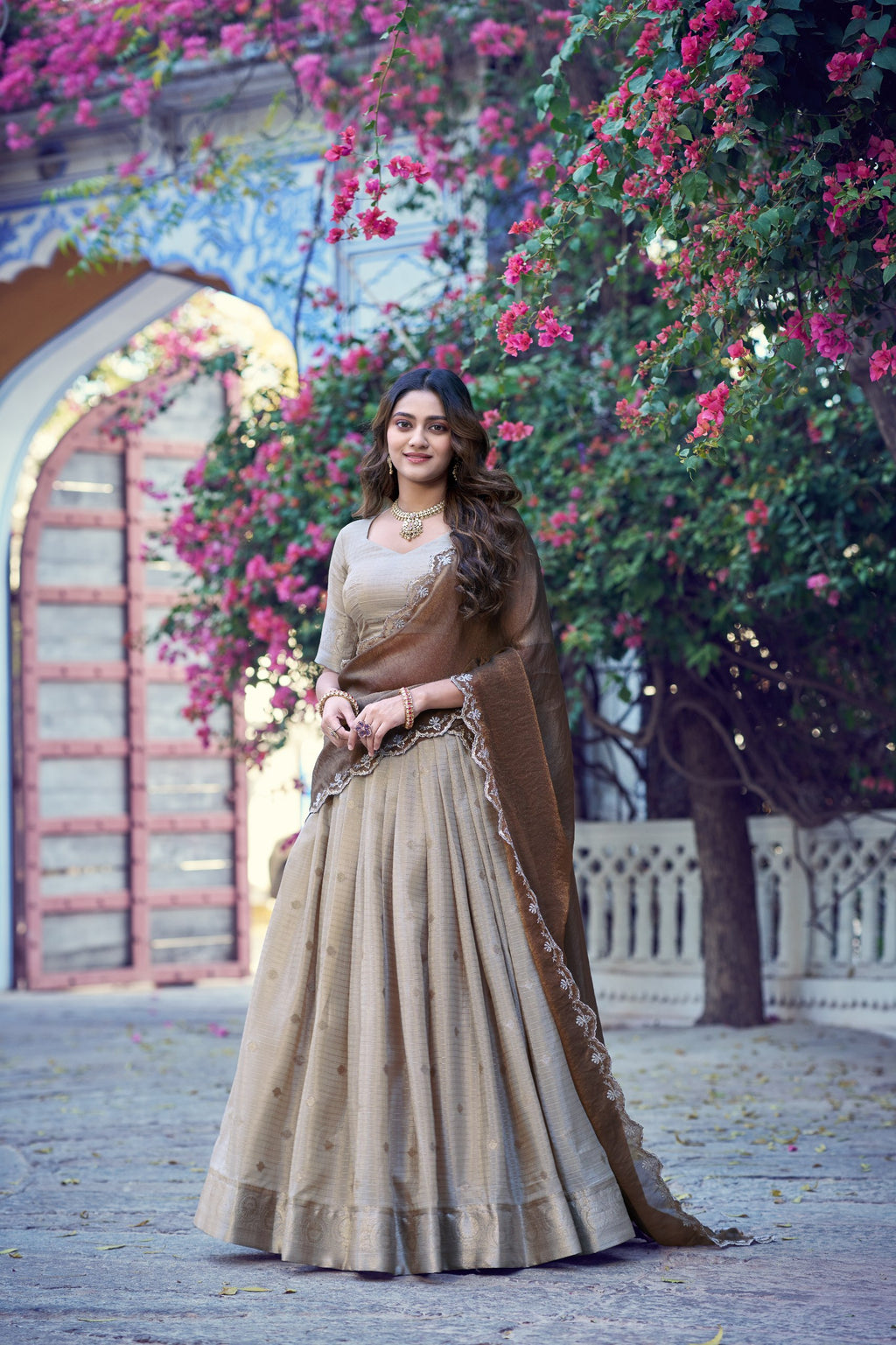 Chinon Checks Zari Weaving Wedding Wear Lehenga Set
