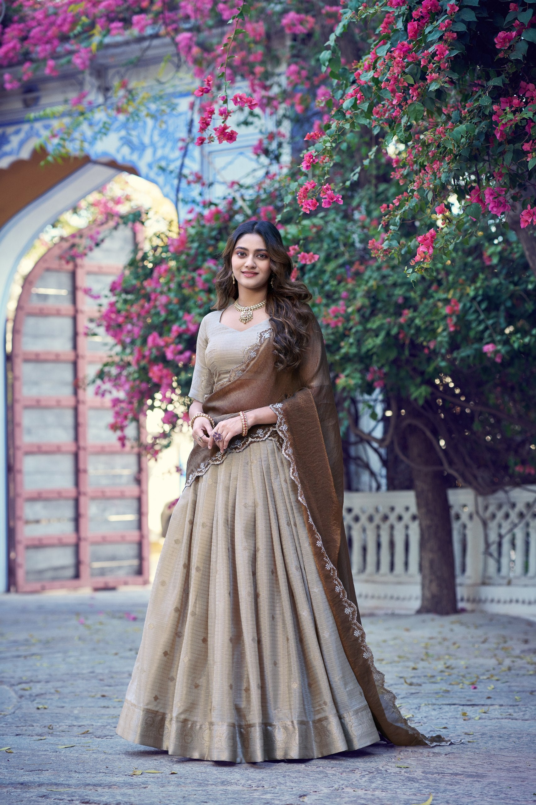 Chinon Checks Zari Weaving Wedding Wear Lehenga Set

