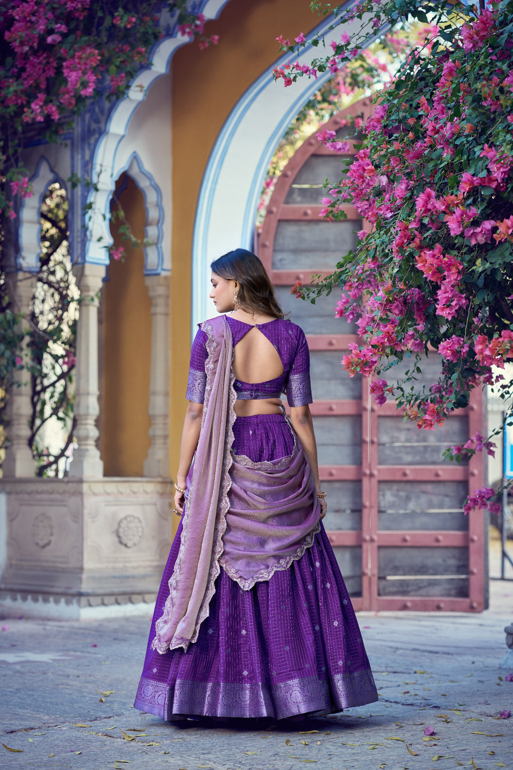 Chinon Checks Zari Weaving Wedding Wear Lehenga Set

