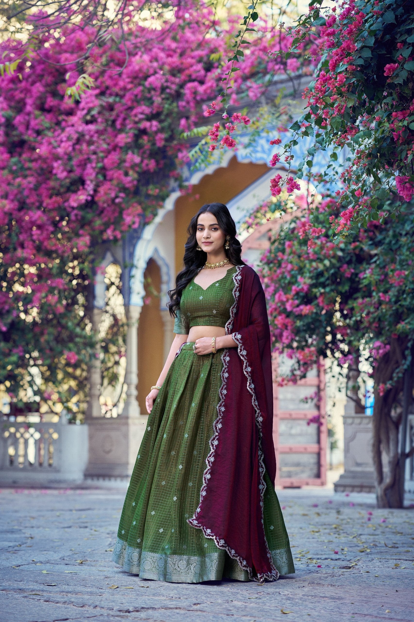 Chinon Checks Zari Weaving Wedding Wear Lehenga Set
