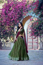 Chinon Checks Zari Weaving Wedding Wear Lehenga Set

