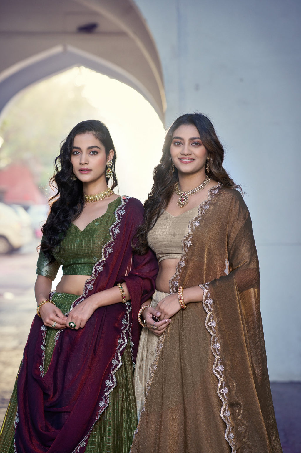 Chinon Checks Zari Weaving Wedding Wear Lehenga Set
